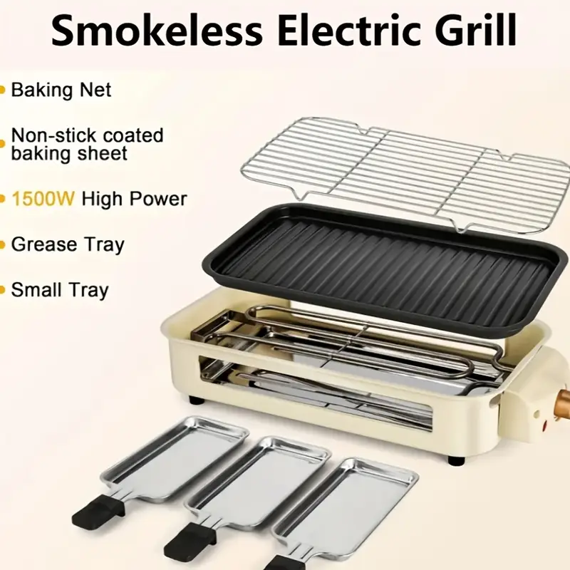 Smokeless Electric Grill, Indoor Grill With Removable Non-Stick Plate, Indoor Grill, Kitchen Must Haves, 1500W, Portable BBQ Grill, Electric Griddle, Best Quality Items, Dishwasher Safe