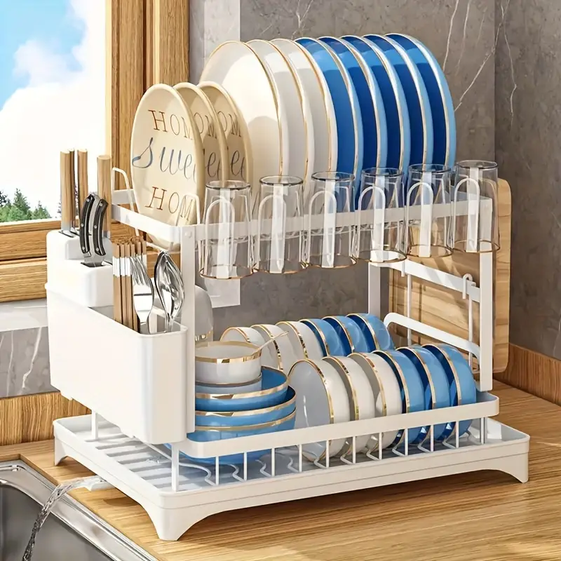 2 Tier / 1 Tier Dish Drying Rack for Kitchen Counter, Dish Drainers for Kitchen Counter with Drainboard, Metal Kitchen Dish Rack with Drain