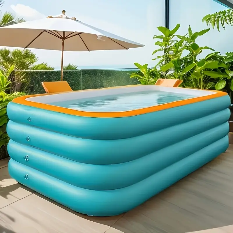 Super Large 3 & 4-Layer Heightened & Thick Inflatable Swimming Pool - Foldable PVC Sunscreen Material, Blue & White Rectangular Design with Smooth Surface for Patio, Beach,