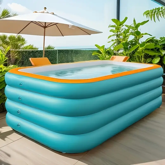 Super Large 3 & 4-Layer Heightened & Thick Inflatable Swimming Pool - Foldable PVC Sunscreen Material, Blue & White Rectangular Design with Smooth Surface for Patio, Beach,