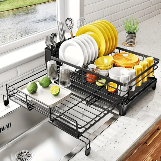 Expandable 2-in-1 Cutlery Drain Rack - Space-saving, Rust-proof Metal Cutlery Drain Rack with Pot Trough, Cutlery Rack And Drain Plate for Kitchen Countertop And Sink Organizing
