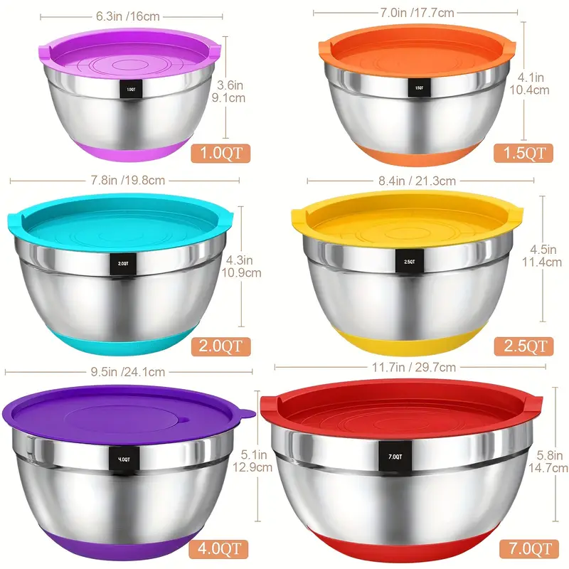 Mixing Bowls with Airtight Lids, 26pcs Stainless Steel Bowls Set 6 bowls & Lids + 20 kitchen tools, 3 Grater Attachments & Black Non-Slip Bottoms Size 7, 4, 2.5, 2.0, 1.5, 1QT, Great for Mixing & Serving,father gift