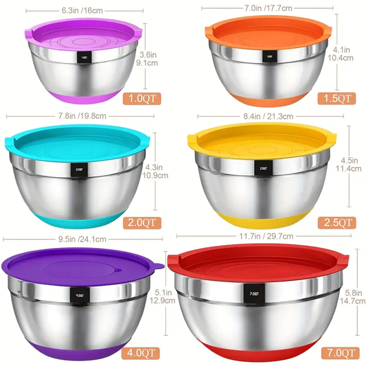 Mixing Bowls with Airtight Lids, 26pcs Stainless Steel Bowls Set 6 bowls & Lids + 20 kitchen tools, 3 Grater Attachments & Black Non-Slip Bottoms Size 7, 4, 2.5, 2.0, 1.5, 1QT, Great for Mixing & Serving,father gift