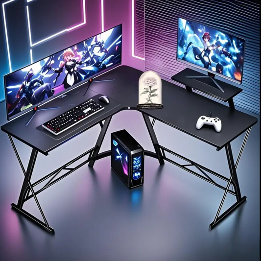 Dual Workstation L Shaped Desk with Monitor Raising Shelf Corner Computer Table Stable Triangular Table Stand Versatile Home Office Desks with Assembly Guidelines and Essential Tools Office Decor