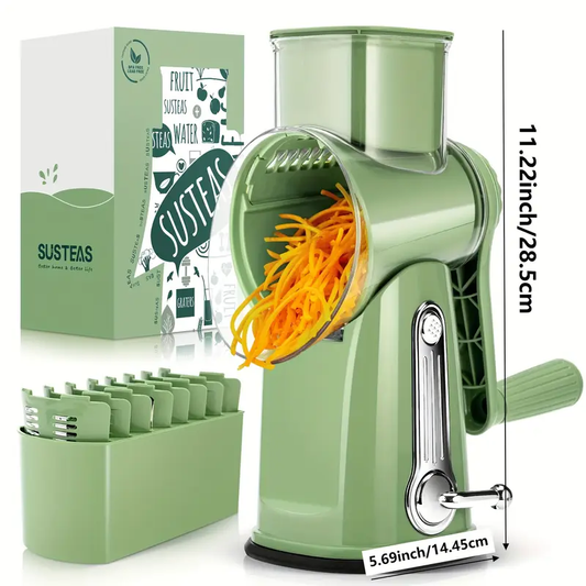 SUSTEARK Rotary Cheese Grater with Handle - Vegetable Shredder with 5 Well-designed Blades & Strong Suction Base, Round Mandolin Slicer & Food Chopper for Kitchen, with Blade Storage Box