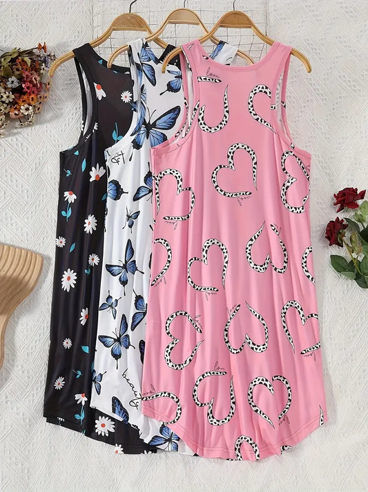 3pcs Women'S Plus Size Sleepwear Set - Casual Nightgowns with Cartoon Hearts & Butterflies, Lightweight Stretch Fabric, Perfect for Fall, Autumn Nightwear|Playful
