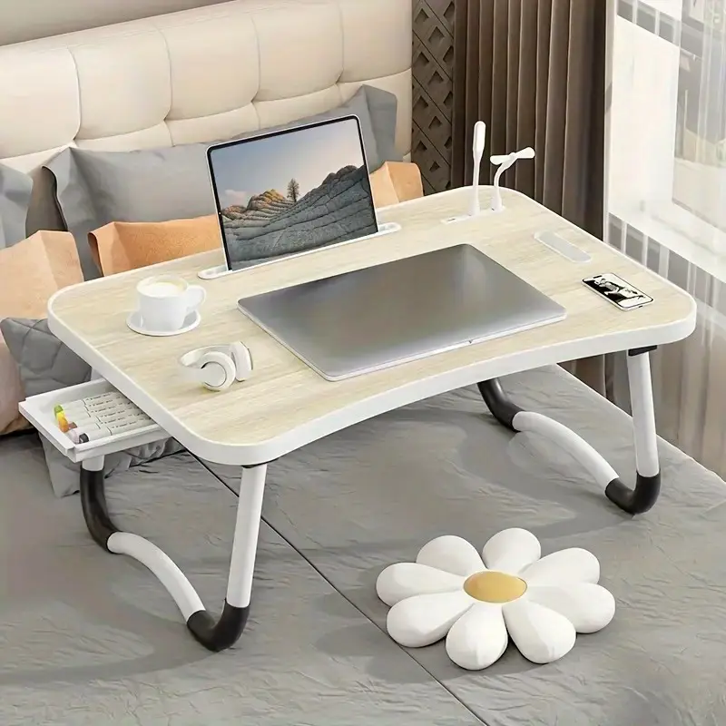 Ultra Large Portable Foldable Laptop Bed Table Desk with Cup Holder, Drawer, USB Ports, Built-in Fan & Light - Multi-Functional Tray, Durable Compact Design for Bed, Sofa, Floor Use - Home Office